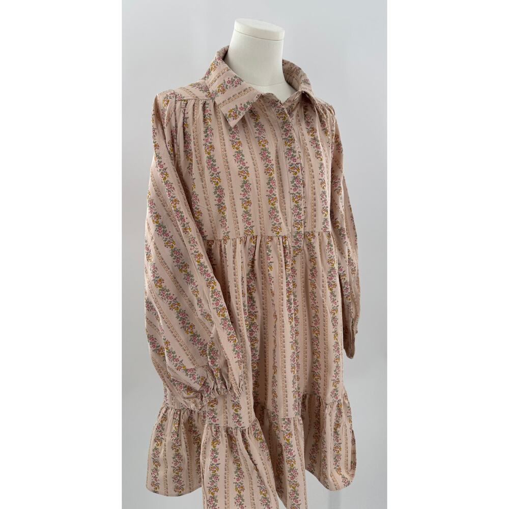 BiBi Floral Shirt Dress Long Puff Sleeve Ruffle Smock Beige Tan M Cottagecore L